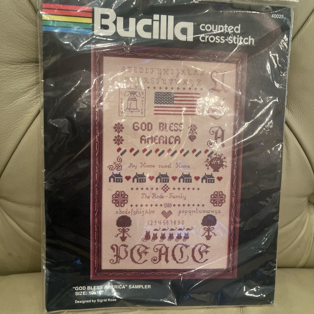 NWT 1980s Bucilla Cross-Stitch God Bless America Sampler 10 x 18